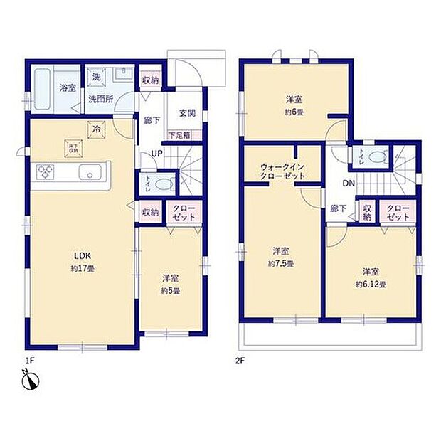 【4LDK】家事のしやすい水廻り集中設計、お掃除ラクラク全居室フローリングプラン♪
主寝室には、収納力のある大型WIC付き!