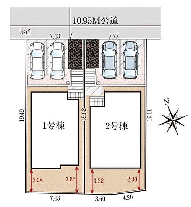 【全体区画図】駐車2台可能(車種による)!急な来客時や、ご家族の自転車スペースとしても大活躍♪
前面道路が広いので、駐車もラクラクですね!