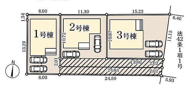 【全体区画図】駐車2台可能（車種による）！急な来客時や、ご家族の自転車スペースとしても大活躍♪