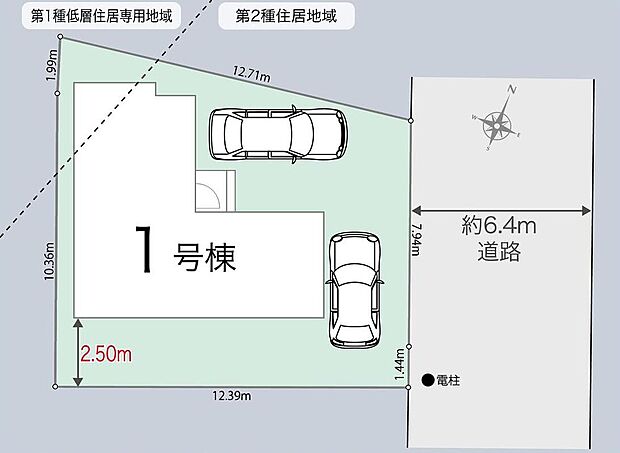 【全体区画図】駐車2台可能（車種による）！急な来客時や、ご家族の自転車スペースとしても大活躍♪