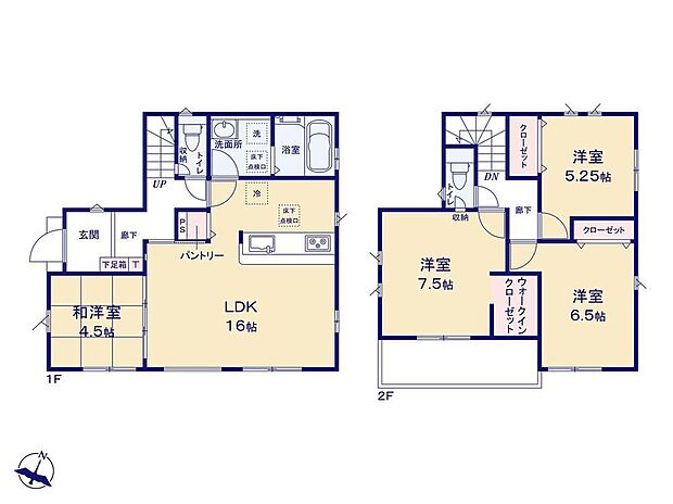 【4LDK】家事のしやすい水廻り集中設計、ホッとできる寛ぎの和洋室付きプラン♪収納力のあるWICやパントリーが嬉しいですね!