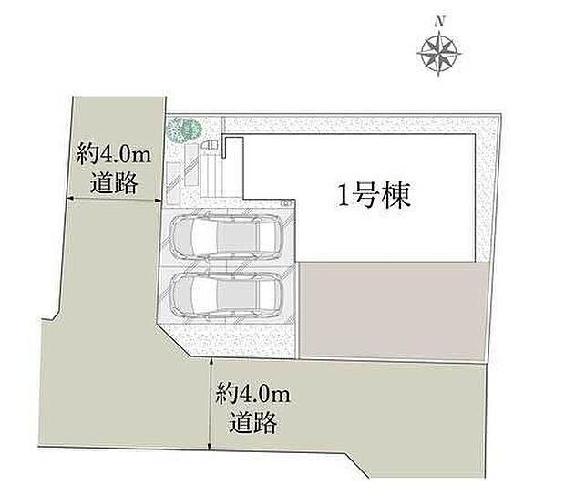 【全体区画図】明るく開放感のある角地物件♪奥行きのある南庭付！
駐車2台可能（車種による）！急な来客時や、ご家族の自転車スペースとしても大活躍♪