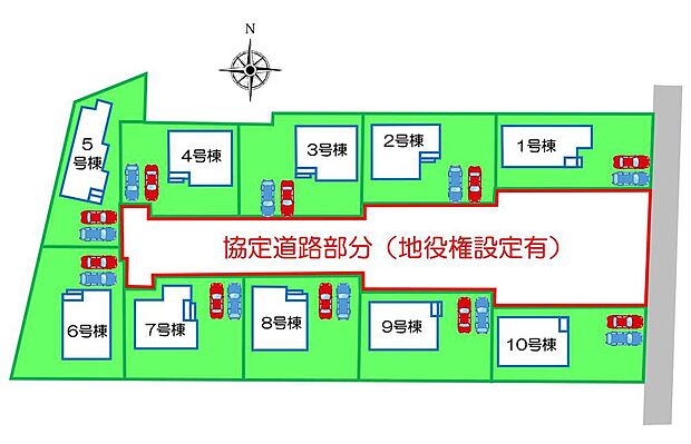 【全体区画図】全10棟の分譲地!
駐車2台可能(車種による)!急な来客時や、ご家族の自転車スペースとしても大活躍♪
