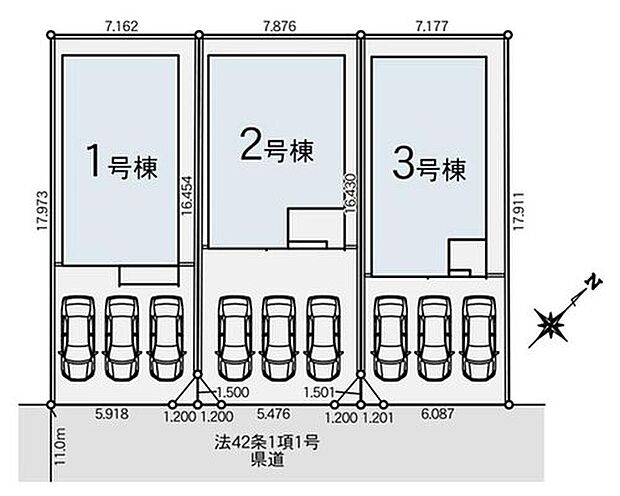【全体区画図】全3棟の分譲地!
駐車最大3台可能(車種による)!急な来客時や、ご家族の自転車スペースとしても大活躍♪