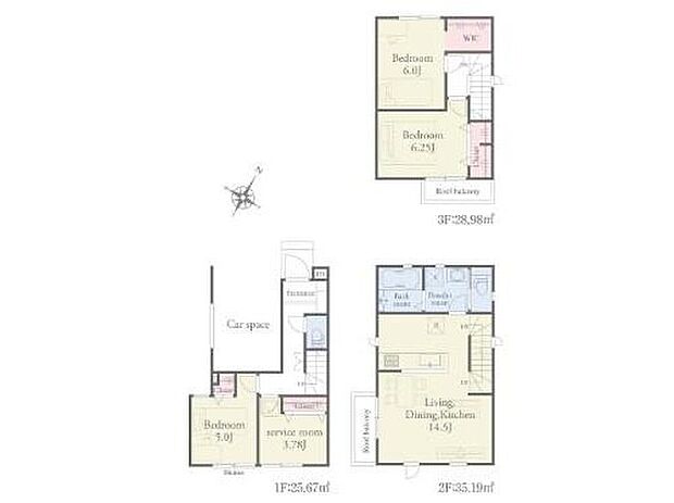 【3LDK+S】ビルトインカースペース有!
収納スペースや書斎などさまざまな用途で活用できるサービスルーム付き♪
Wクローゼットもあり収納設備が充実した快適なお住まいです♪