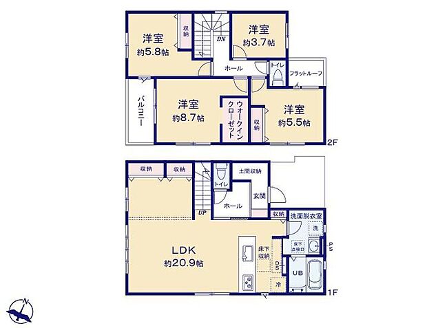 【4LDK】●大容量のWクローゼット+土間収納を完備♪
●17帖超えの見通しの良いリビングダイミング♪
●家族間のコミュニケーションが自然とうまれるリビング階段♪
