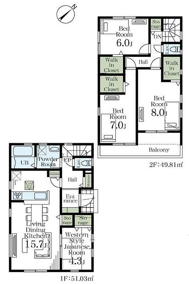 【4LDK】対面システムキッチン採用の15.7帖のLDK☆
2階の居室全てにWIC完備!お部屋がスッキリ片付きます♪
リビング続きの和室はホッと一息つける癒しの空間です♪