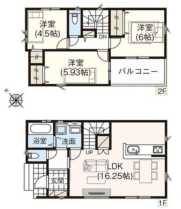 【3LDK】●玄関近くに洗面スペースを設けた新生活仕様にフィットできる住まい
●リビング階段ですので自然と家族の集まる憩いの空間になります
●1階は家族が集まる団欒スペース、2階は自分時間を過ごせるスペース♪