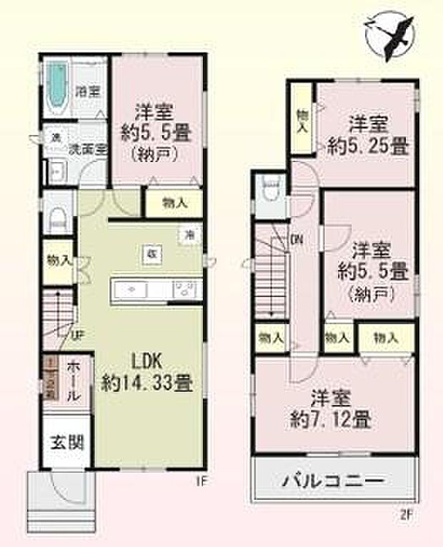 【2LDK+2S】●家族間のコミュニケーションが自然とうまれるリビングイン階段♪
●収納スペースや趣味のお部屋としても使える5.5畳の納戸が2カ所♪
●水回りが集中しており家事動線の良い間取り♪