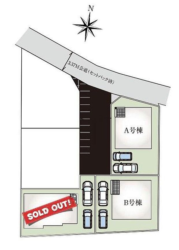 【全体区画図】閑静な住宅地☆カースペースは2台分ご用意。空いたスペースは駐輪場としてもお使いいただけます◎