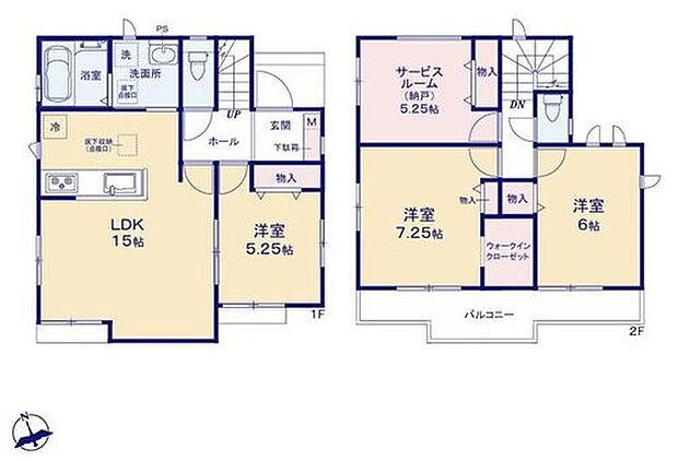 【3LDK+S】●かさばるスーツケースや季節用品も効率よく収納可能なWクローゼットを完備♪
●水回りが集中しており家事動線の良い間取り♪
●多用途にご利用可能なサービスルーム付き♪