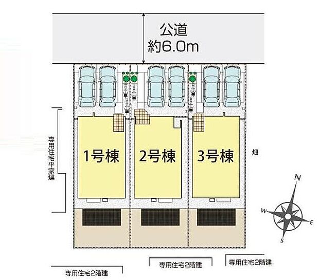 【全体区画図】お車2台分の並列駐車可能なスペースがございますので、ご家族の自転車の駐輪もできます！南側の陽当たりの良いお庭では、お子様の遊び場や趣味のガーデニングなど、ライフスタイルに合わせてお楽しみ頂けそうです♪