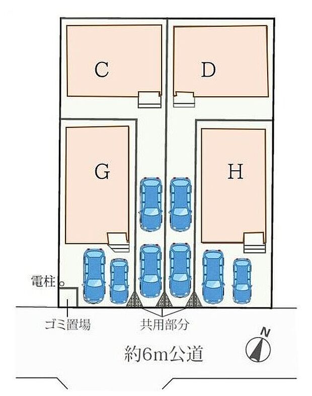 【全体区画図】閑静な住宅地☆カースペースは2台分ご用意。空いたスペースは駐輪場としてもお使いいただけます◎


