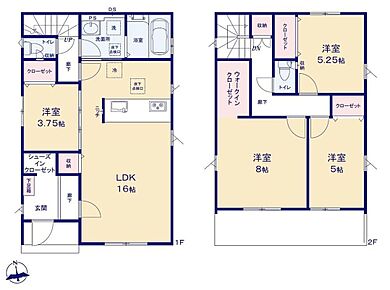 ●リビングの天井部分は折上天井となっており、お部屋が広く見え開放感が生まれます。
●水回りがまとまっているので忙しい奥さんには嬉しい間取りです。
●2部屋から行き来できるバルコニーはとても便利♪ 