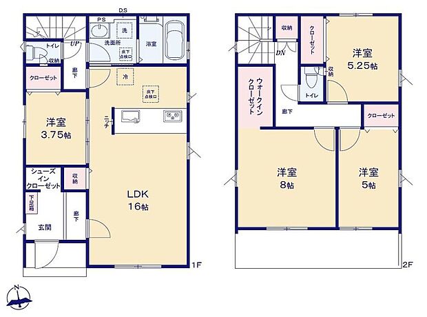 【4LDK】●リビングの天井部分は折上天井となっており、お部屋が広く見え開放感が生まれます。
●水回りがまとまっているので忙しい奥さんには嬉しい間取りです。
●2部屋から行き来できるバルコニーはとても便利♪