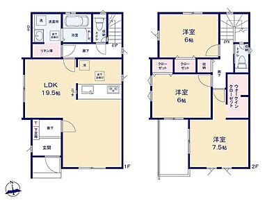 ●全洋室が6帖以上3LDK！広くて使いやすい間取りです。
●家族のコミュニケーションを重視した対面式キッチン・リビングスルー階段プラン♪
●洗面室にはリネン庫完備！かさばるタオルもスッキリ収納♪ 
