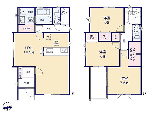 【3LDK】●全洋室が6帖以上3LDK！広くて使いやすい間取りです。
●家族のコミュニケーションを重視した対面式キッチン・リビングスルー階段プラン♪
●洗面室にはリネン庫完備！かさばるタオルもスッキリ収納♪