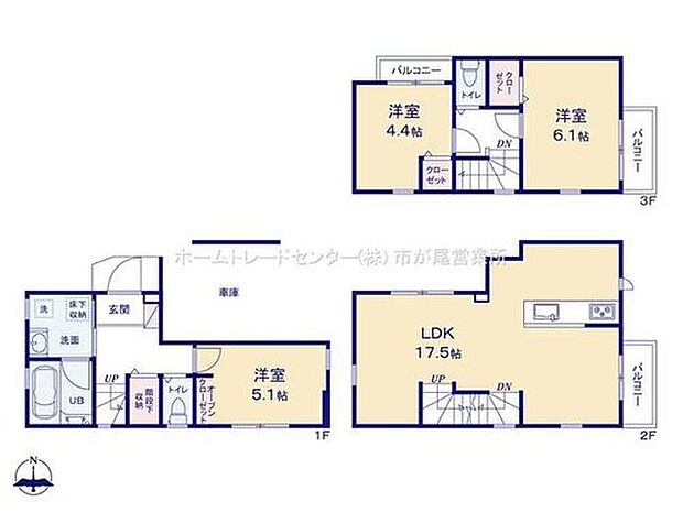【3LDK】玄関近くに洗面所、帰宅後すぐに手が洗えます♪
LDKはゆとりの17.5帖、人気の対面式キッチン採用♪
全居室2面採光&収納完備しております☆
2・3階にバルコニー設置♪3階は2面バルコニーです♪