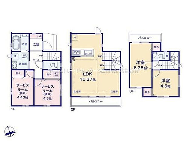 【2LDK+2S】玄関近くに洗面所、帰宅後すぐに手が洗えます♪
LDKは15.37帖、人気の対面式キッチン採用!
全居室2面採光&収納完備しております♪
2・3階にバルコニー設置☆