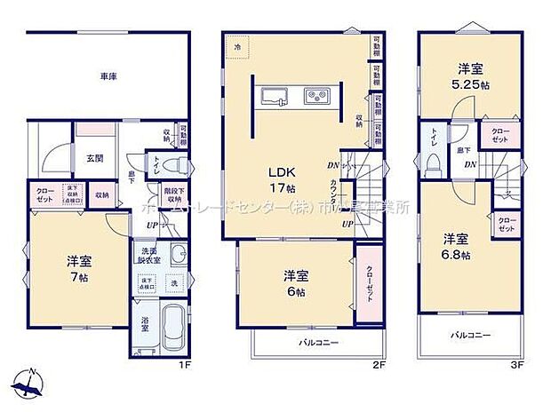 【4LDK】ビルトインガレージ付☆
全居室２面採光＆収納完備しております♪L
DKはゆとりの１７帖、人気のオープンキッチン採用☆
２・３階にバルコニー設置！