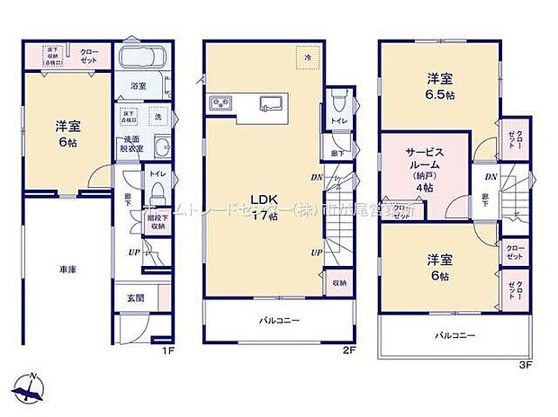 【3LDK+S】ビルトインガレージ付☆
全居室２面採光＆収納完備しております♪
LDKはゆとりの１７帖、人気の対面式キッチン採用☆
２・３階にバルコニー設置！
