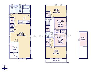 LDKは広々２２．２３帖、人気の対面式キッチン＆リビングイン階段採用！水回りを集約、効率的な家事動線☆全居室に収納完備しております☆ロフトもございます！南向きバルコニー♪ 