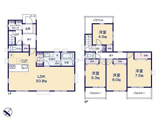 【4LDK】収納豊富、シューズインクローゼット＆パントリー有☆LDKは広々２０．８帖、人気の対面式キッチン採用！全居室に収納完備しております！バルコニー２か所☆
