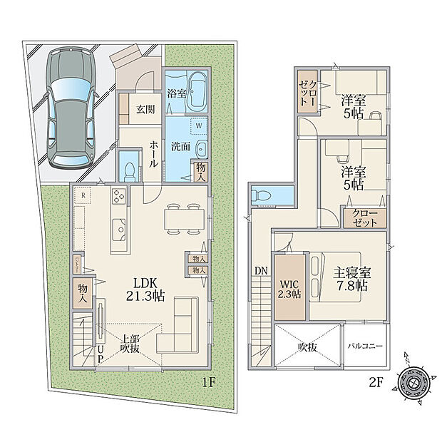 建物プラン例(区画A)3LDK、土地面積109.12m2、建物面積102.67m2