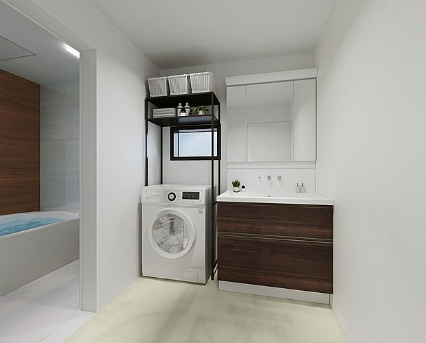 洗面脱衣室(イメージ画像)人造大理石 ボウル一体型カウンターなのでお掃除もラクラク。三面鏡で収納も抜群。※イメージの為実際と異なる場合があります。