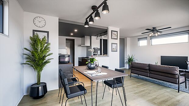 LDK(イメージ画像)キッチンの上部を折り下げ天井にして、クロスを変えることで空間のアクセントになります。※イメージの為実際と異なる場合があります。