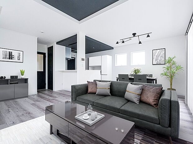 【LDK(4号棟)】おり下げ天井のキッチンと折り上げ天井のリビングでLDK内の高さを変えて空間にアクセントを付けました。※イメージの為実際と異なる場合があります。家具はCG合成のためイメージです。