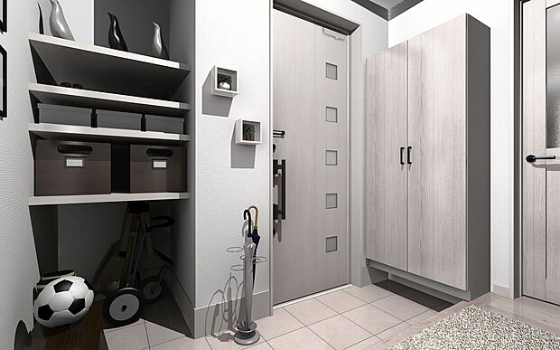 【玄関収納(イメージ画像)】煩雑になりがちな玄関周りも収納が豊富でたっぷり収納できます。※イメージのため実際と異なる場合があります。内容は号棟により異なります。