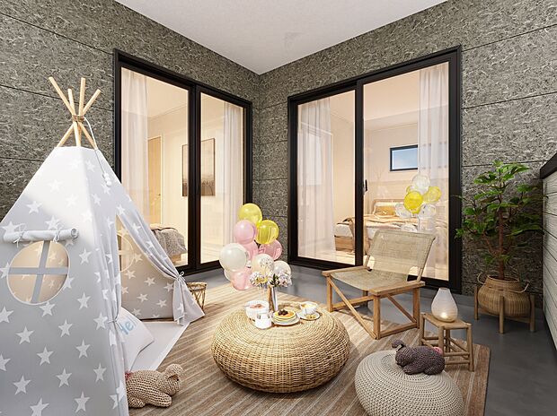 【バルコニー(イメージ画像）】主寝室から出入り可能の広々としたバルコニーは休日にお子様とプールやグランピングを楽しめます。※イメージの為実際と異なる場合があります。