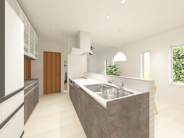 【【イメージパース】】キッチンから居住空間の様子が見えるので、小さいお子様のいるご家庭も見守りながら家事ができて安心。