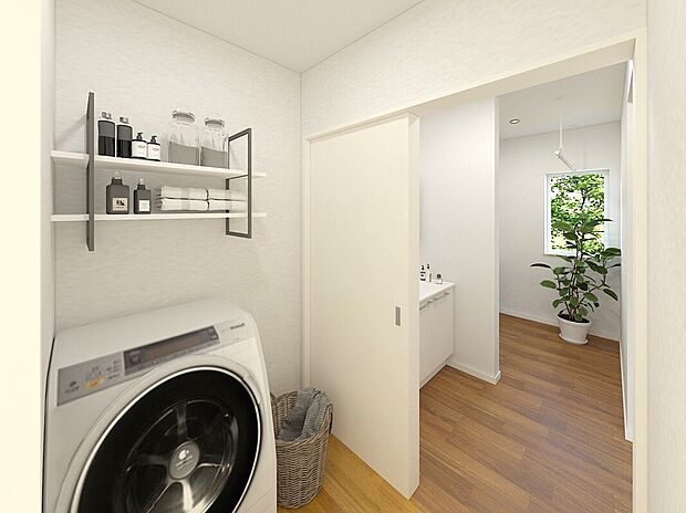 【【イメージパース】】清潔感のある広々とした洗面室は収納やタオル掛けを用意し、使い勝手にこだわっています。