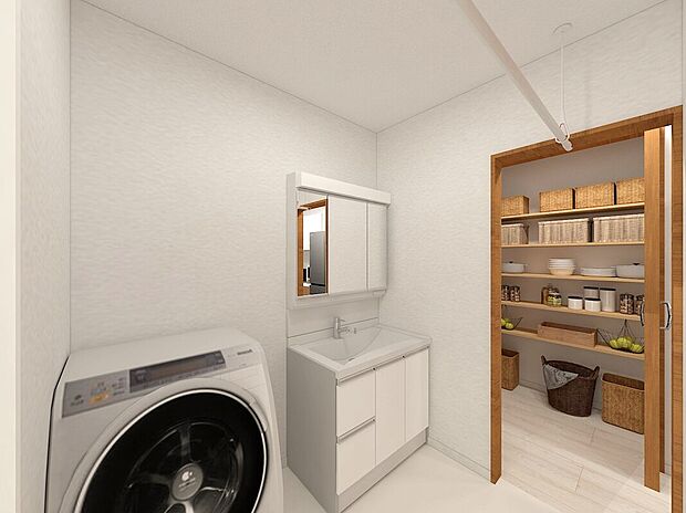 【【イメージパース】】洗面室にはゆとりあるカウンターと収納スペースを確保し、忙しい朝もスムーズ。
デザイン性と機能性の両方を叶えた住まいです。