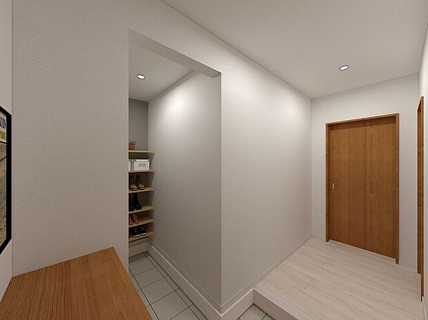 【【イメージパース】】玄関には家族全員の靴やアウトドア用品がしまえるシューズクローク付。