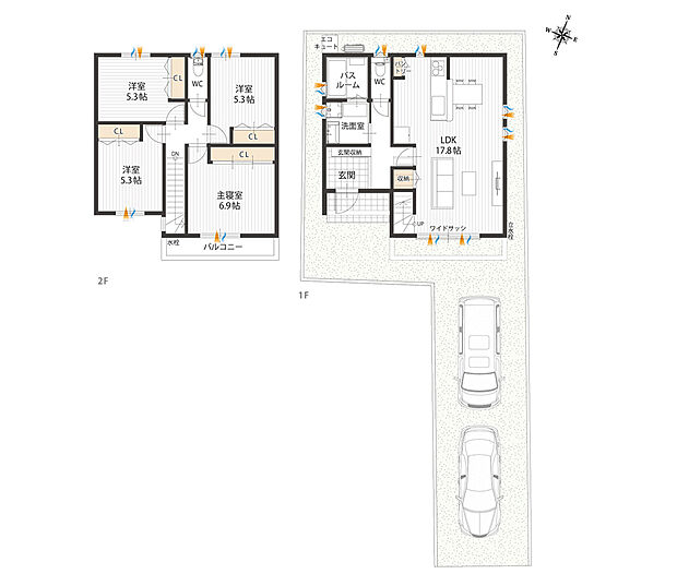 【間取図/A号地(Qシリーズ)】LDK、バルコニーが南向き!一部家具とリビングエアコン付きが嬉しい4LDKの住まいです。全居室に収納を配置し、室内スッキリ広々。駐車スペースは2台分です(車種による)