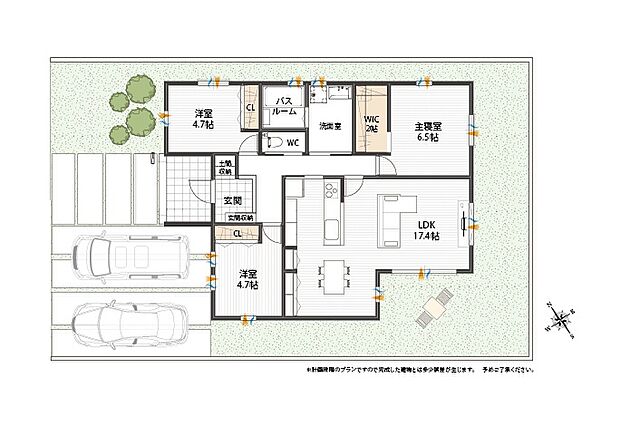 【3LDK + 土間収納/ WIC】◎玄関からLDKや主寝室、洗面室などどこでも直接つながりスムーズな平屋。土間収納にアウトドア用品などが収まります。
◎LDKは南を含む3面採光。対面キッチンとダイニングは横並びのレイアウトで、スッキリとした見た目に。
◎リビングの南窓の外には庭が広がり、ガーデニングを楽しんだり、お子様が遊んだりペットの様子を室内から見守ることも。
◎主寝室は約6.5帖。約2帖のWIC付で室内を広くお使いいただけます。
◎駐車スペースは並列2台分(車種による)。並列で出し入れしゃすく、セカンドカー計画も安心です。