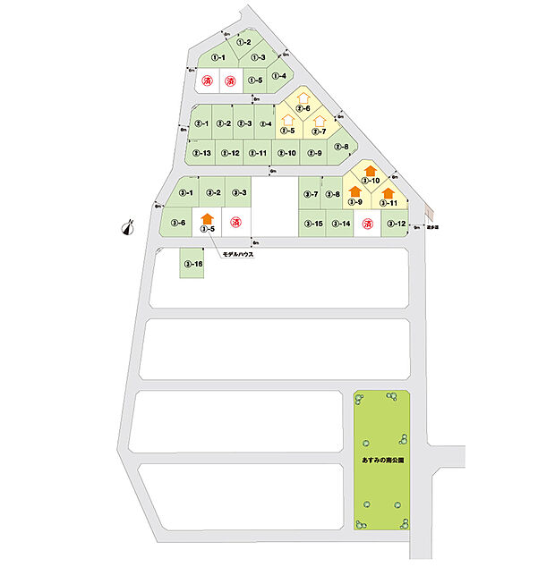 【全体区画図】【つくば万博公園西】
モデルハウス棟のご見学が可能です。現在、新規建売住宅3棟を建築中です。
注文住宅用の土地分譲も行っています。
(2026年1月現在)