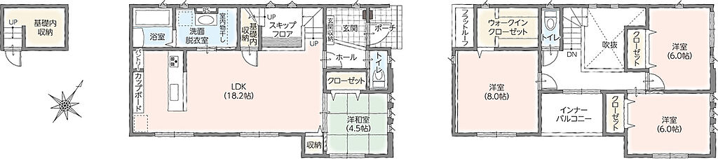 【2号棟：間取り】
すっきりと広く大きくとった、寛ぎのリビングダイニングは洋和室と合わせると22.7帖の大空間に。基礎内収納やウォークインクローゼットなどの充実した収納スペースも魅力の邸。