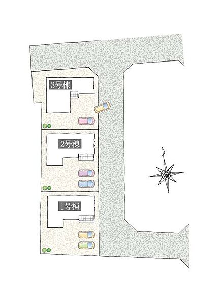 【タマタウン下大久保：区画図】
全3邸。周辺は住居や田畑が多く、緑との融合が印象的。交通量の少ない落ち着いた住環境です。ゆとりある敷地に駐車スペースは2台分確保しました。