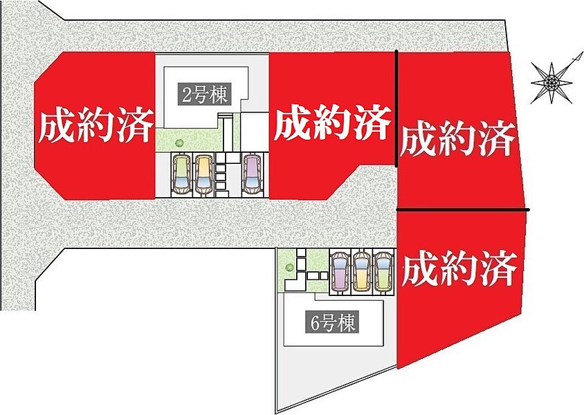 全区画、3台以上駐車可能なゆとりのカースペース。駐車しやすい区画割りです！駐車が苦手な方もらくらく停められます。また、6.0ｍの前面道路は、お子様と手を繋いであるいても余裕のある道幅です。