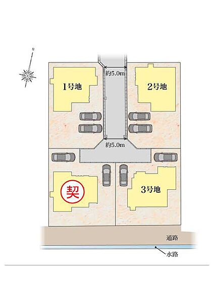 【全体区画図】土地面積：199.41m2~207.22m2（60.32坪~62.68坪）駐車場は2台駐車可能敷地です。前面道路は約5.0m。分譲地内は通り抜けができないため小さなお子様も安心です。