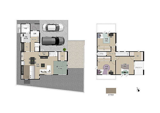 【1号地】
LDK18帖+タタミ4.5帖の広々空間。
回遊導線と横並びのダイニングテーブル。
1Fに大きなクローゼットも完備しております。
人気の家事楽導線を詰め込んだ間取りです。