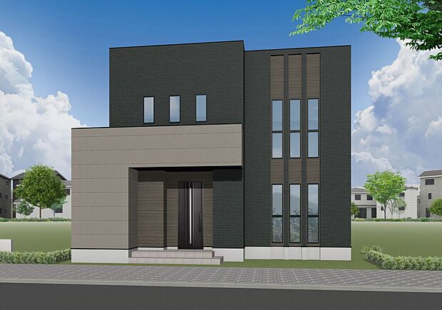 【2号地】
ブラックとグレーのツートンカラーが落ち着いた雰囲気を演出。また、南東面に3.75帖のインナーバルコニーを設置しました!暖かな陽射しをたっぷり取り込んだ、家族の寛ぎスペースとして♪