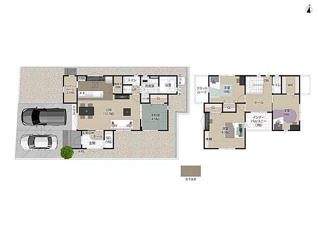 【2号地/ランドリールームのある家】
外へとつながる勝手口を設けたランドリールームを完備。天候に左右されることなく、お出かけの際も安心です。子育てファミリーに優しいゆとりのある玄関を設けています。