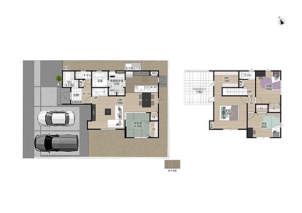 洋和室の扉には、柱のないオープンウォールを採用。LDKとの一体感が増し、より開放的なゆとりある空間をご堪能いただけます。また、キッチンの横に洗面脱衣室を配置したことで、効率的な家事動線に。