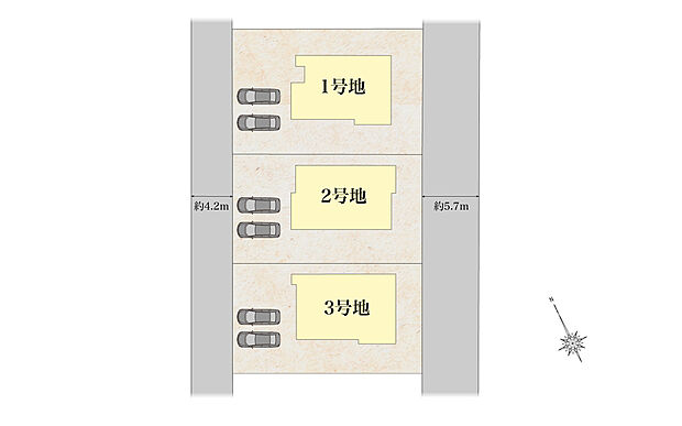 【区画図】全区画２方向が道路に面した、開放感のある敷地。ゆとりのある面積を活かし、２台分の駐車スペースを確保しています。