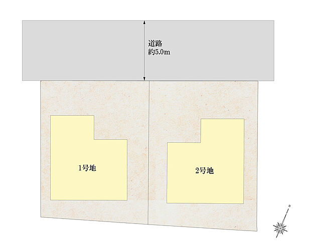 【区画図】前面道路は幅員約5.0mとゆとりがあり、駐車もスムーズに行うことができます。